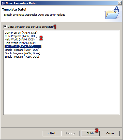 Dialog Neue ASM Datei - Vorlagen