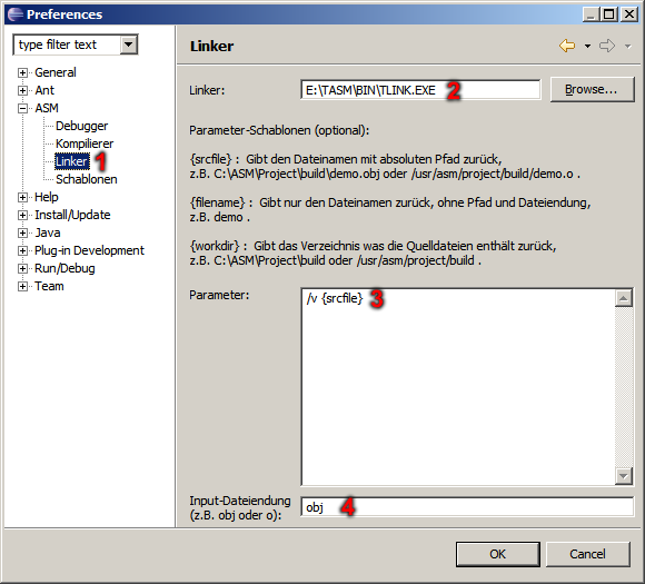 Dialog Linker-Einstellungen